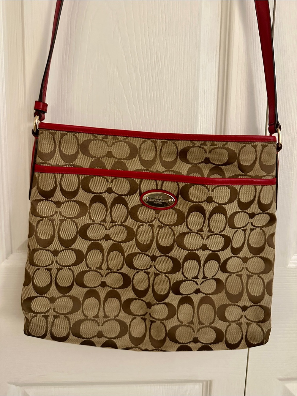 Coach Khaki Signature Canvas Crossbody with Red Trim